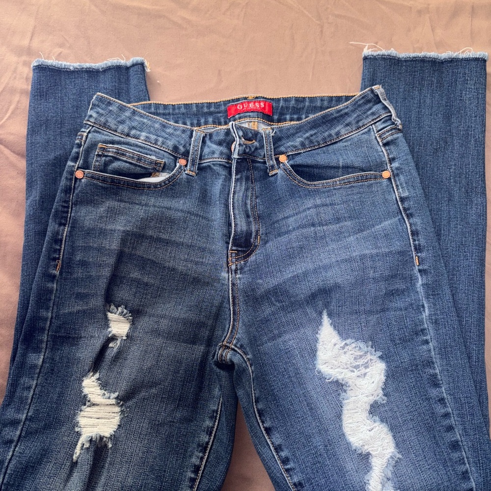 GUESS Women's High-Rise Distressed Blue Jeans
